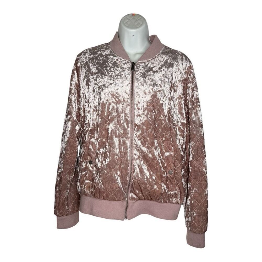 Mauve Crushed Velvet Quilted Bomber Jacket Blush Pink Zip Up (S) Small